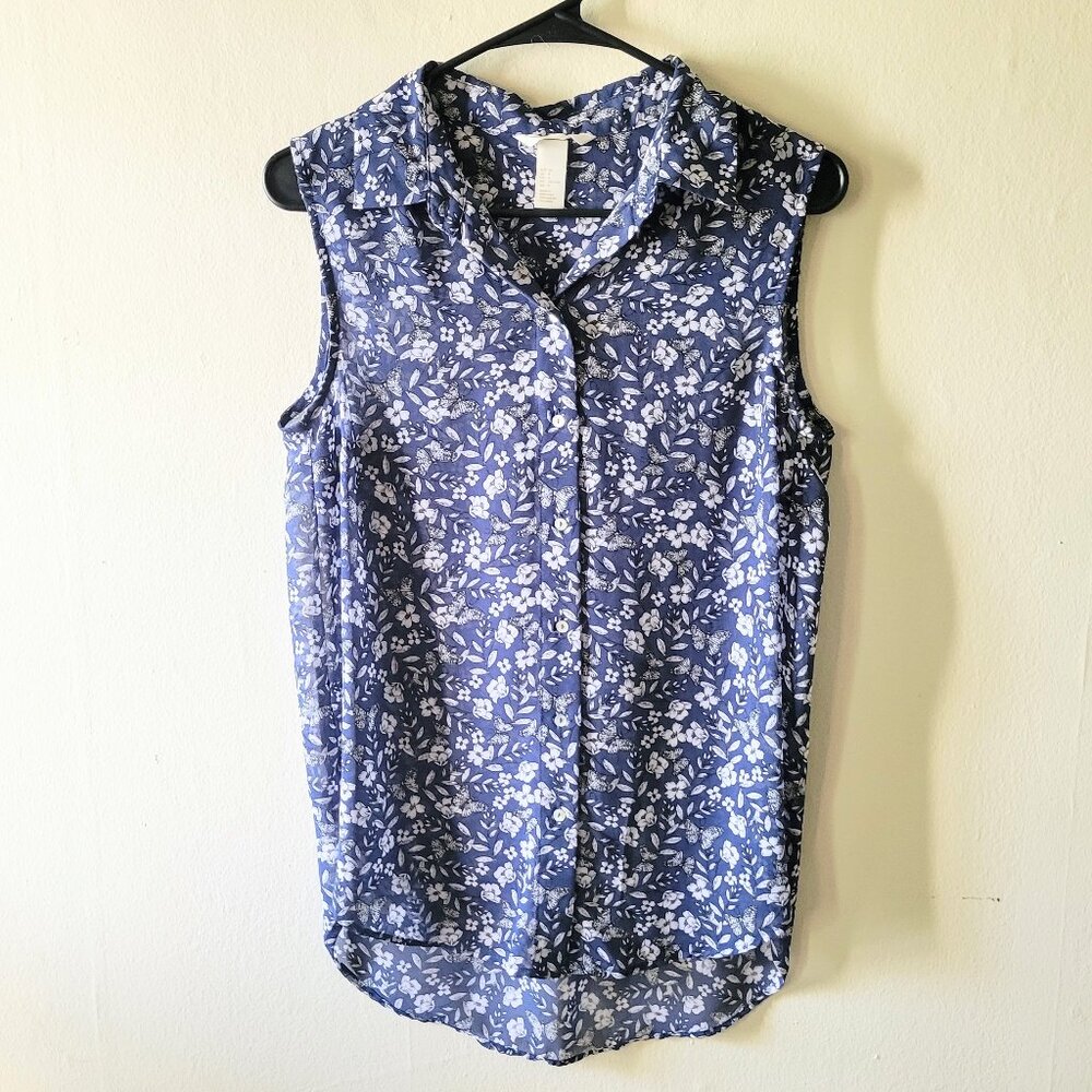 Blue Floral Semi-Sheer Collared Tank Top Size US8 (M)